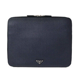 Prada Shoulder Clutch Bag Triangle Plate Saffiano Travel Baltico Navy Blue